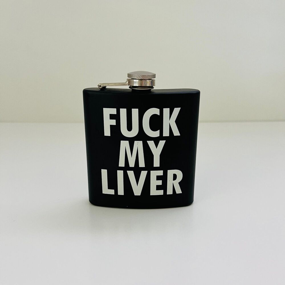 URBAN OUTFITTERS Matte Black White Lettering F**k My Liver Hip Flask